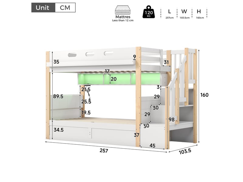  Lit superposé enfant tcqpz 2 x 90 x 200 cm avec rangement hydraulique, escalier de rangement, led et usb blanc et bois naturel  - Conforama C
