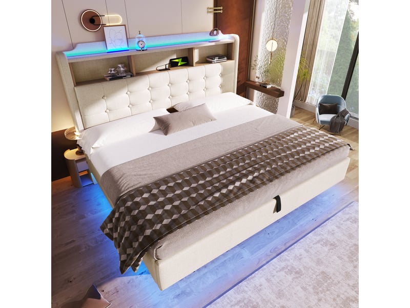 Lit capitonné, 180 × 200 cm, avec bande lumineuse led, rangement hydraulique, compartiments de rangement, design suspendu, matelas non inclus, ports usb et type-c, revêtement en lin, beige - Conforama B