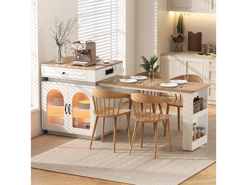  Îlot de cuisine sur roulettes table extensible 128-200 cm led multiprise usb tiroir blanc  - Conforama E