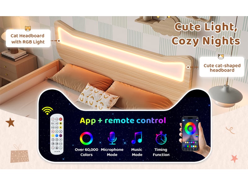  Lit simple enfant 90 x 190 cm avec tête de lit en forme d'oreilles de chat, éclairage led, tiroir réversible et barrières, bois, blanc Morn Vibe - Conforama E