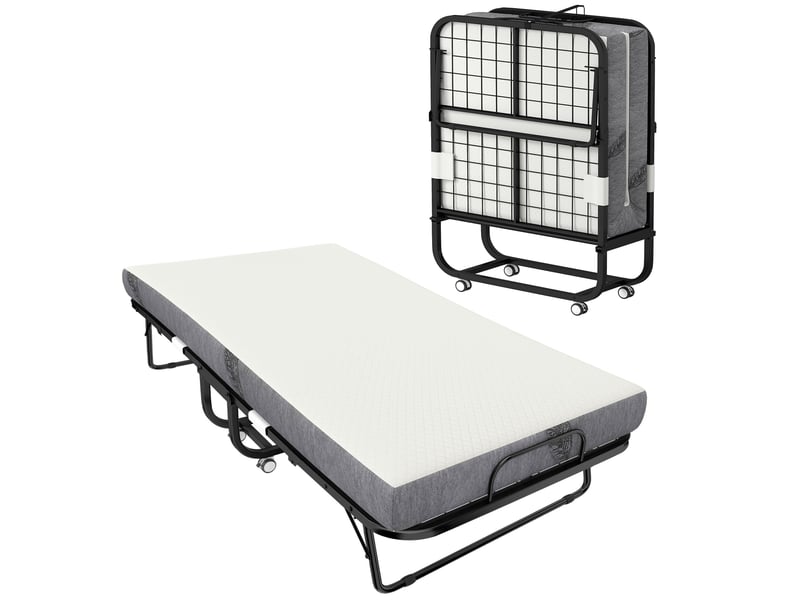  Lit pliant 1 personne 200 x 80 cm avec matelas, lit d'appoint pliable et portable sur roulettes, cadre en acier, blanc  - Conforama B