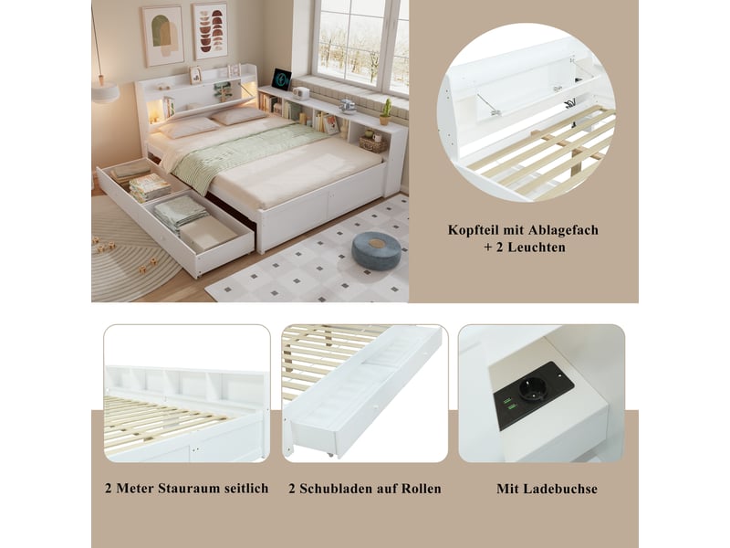  Lit double pour chambre, chevet avec niche, deux luminaires et port usb, 140x200cm, blanc, bois et mdf  - Conforama D