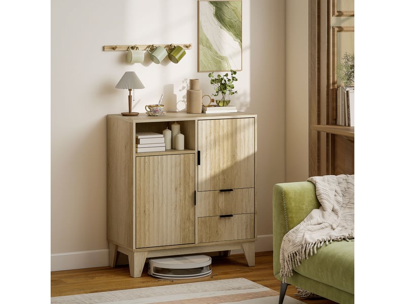 Buffet salon, meuble de rangement, 2 portes, 2 tiroirs, étagère réglable, compartiment ouvert, bois naturel, 80x40x90cm - Conforama D