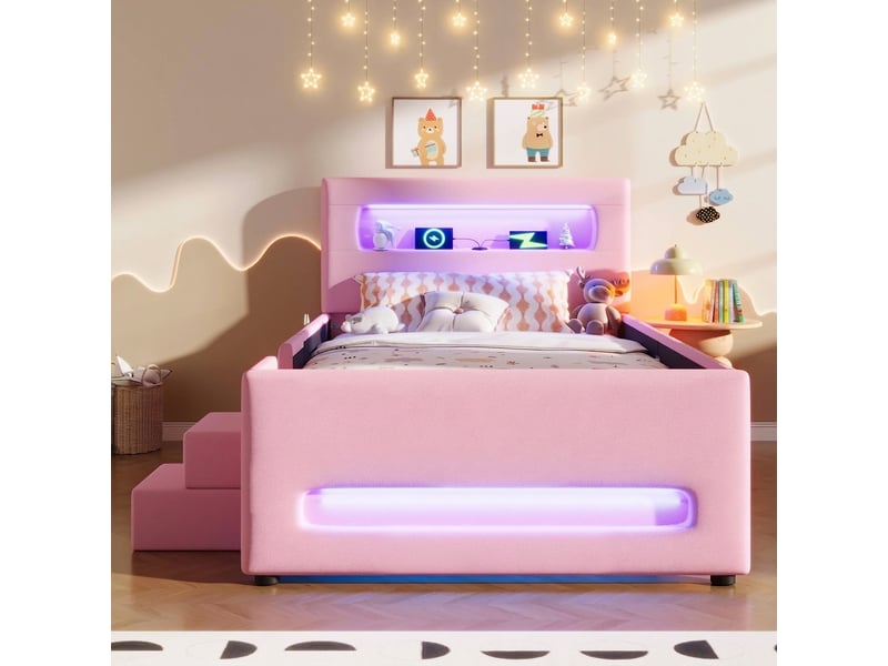  Lit 90x200 avec tiroir de rangement, lit enfant avec éclairage led et port usb, rose  - Conforama B
