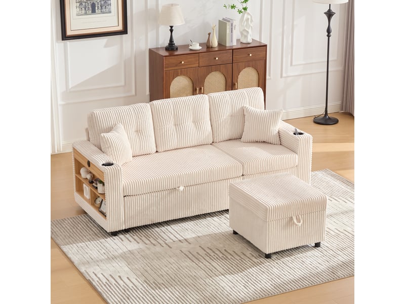  Canapé de salon, canapé velours – en velours tricoté, port usb, porte-gobelets, lit gigogne, avec accoudoirs, avec rangement  - Conforama R