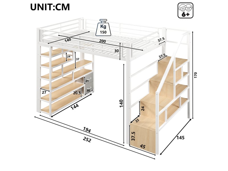  Lit mezzanine enfant 140x200 cm blanc métal et mdf, escalier avec rangement et bande led multicolore  - Conforama C