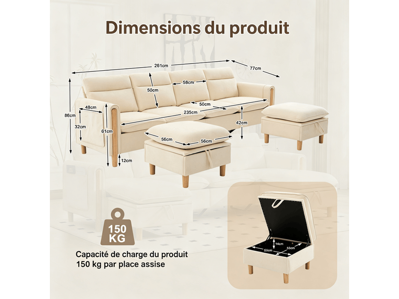 Canapé d'angle 3 places, avec 2 pouf de rangement, 261x77x86cm, beige - Conforama C