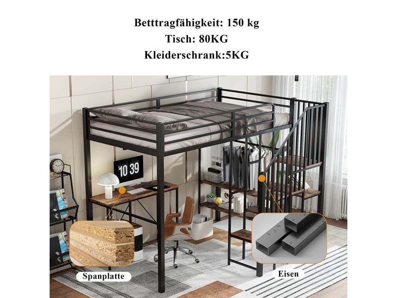 Lit superposé enfant 120x200, escalier rangement sécurisé lit enfant, bureau, étagères, penderie, structure métal, bois vintage  - Conforama D