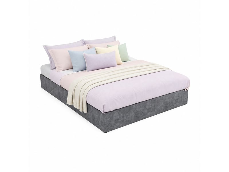  Lit coffre 140x200 cm avec vérins à gaz, sommier, 2 places, tissu couleur gris, sans matelas  - Conforama A