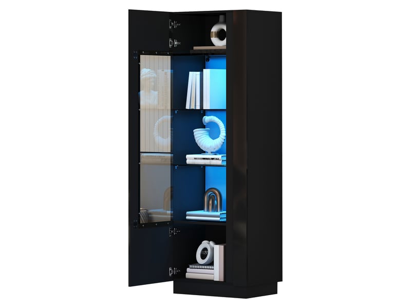  Vitrine haute 60x40x180 cm avec porte en acrylique, led bluetooth, 5 espaces de rangement et étagères en verre - noir  - Conforama A