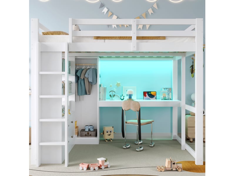  Lit mezzanine 140x200 cm, design moderne, avec 2 tiroirs, bureau intégré, led et usb, bois mdf, blanc, sans matelas  - Conforama D