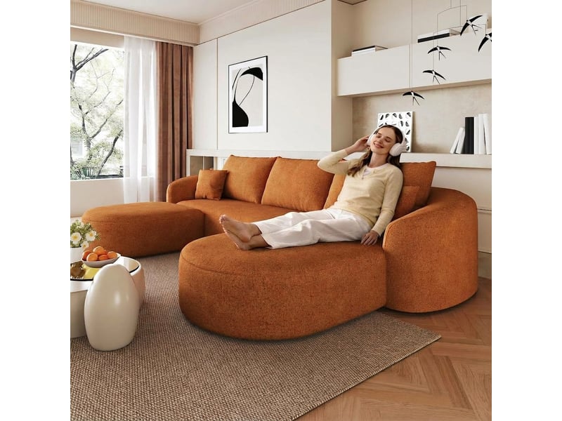  Canapé d'angle en u 266cm modulaire en tissu chenille 4 places orange  - Conforama C