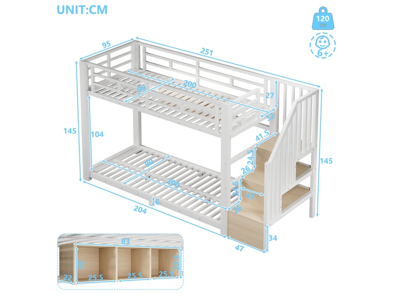  Lit superposé 90 x 200 cm, avec led, escalier avec rangement, 3 compartiments, garde-corps, sans matelas, métal, blanc OMNIGLINT TRADING LTD - Conforama D