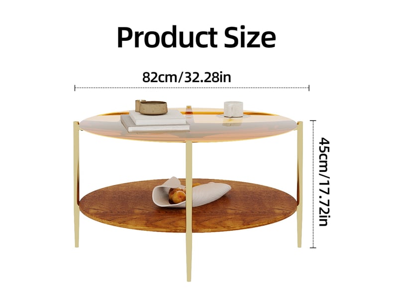  Table basse ronde ø 82xh 45 cm, double plateau, rangement ouvert, verre trempé, métal et bois, doré  - Conforama C