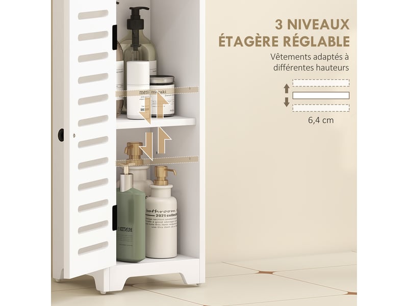  Meuble salle de bain, armoire salle de bain 4 niveaux  porte persienne, étagère ouvert, 22x20x75cm, blanc  - Conforama E