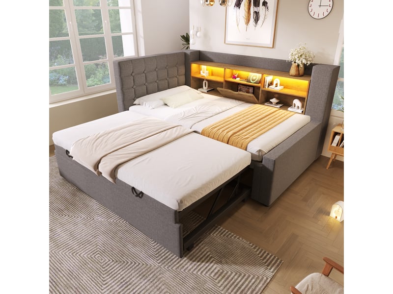  Lit gigogne 90x200 cm avec rangement et led intégré - tête de lit en l, ports usb, lin gris  - Conforama B