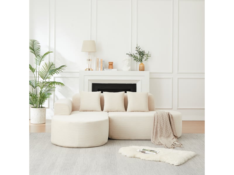  Canapé modulable en l 220 cm en velours côtelé, avec dossier et accoudoirs incurvés, 3 coussins - beige  - Conforama E