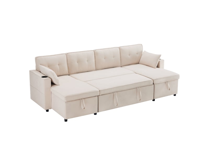 Canapé convertible panoramique 270x130 cm – beige – rangement, porte-gobelets et 4 places intégrés - Conforama A