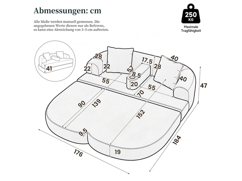  Canapé droit 2 places en velours côtelé gris foncé, pliable avec espace lounge et accoudoir amovible  - Conforama C