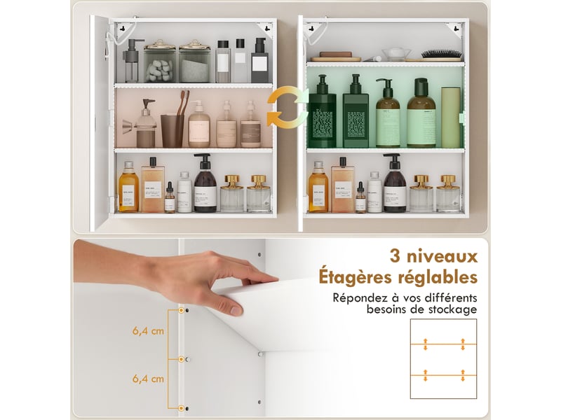  Armoire murale salle de bain avec miroir et éclairage led, anti-buée, étagères réglables, 50 x 15 x 60 cm, blanc  - Conforama R