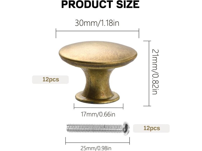  Jeu de 12 poignées rondes en bronze ancien de 30 mm, poignées vintage dorées pour tiroirs et cuisine avec 12 vis  - Conforama B