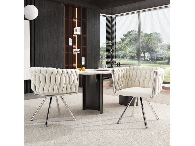  Chaise de salle à manger pivotante à 360 degrés, lot de 6 avec dossier incurvé en velours beige et métal argenté  - Conforama E