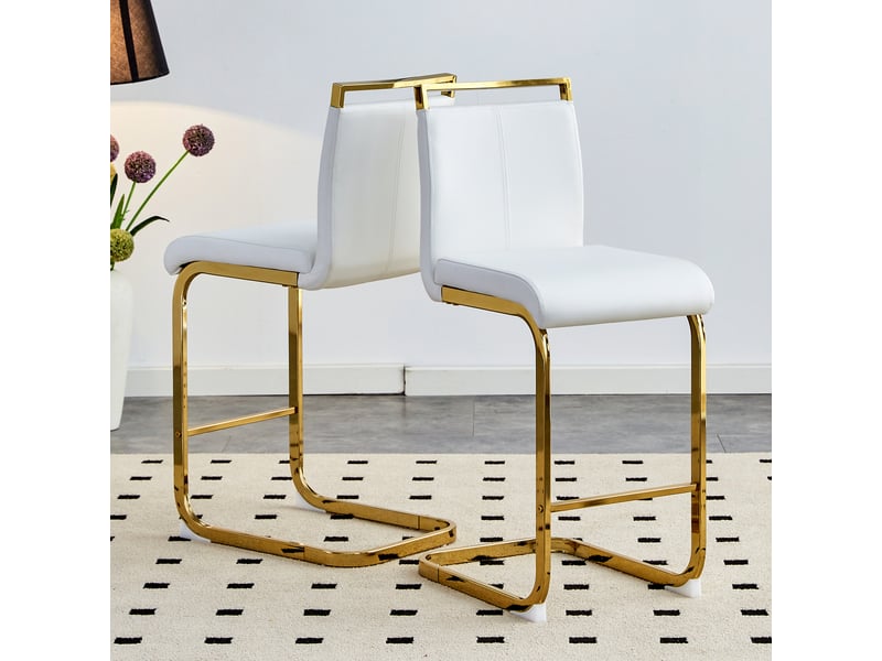 Lot de 2 tabourets de bar avec repose-pieds - lpospi - dossier, pieds en métal, simili cuir blanc et doré  - Conforama C