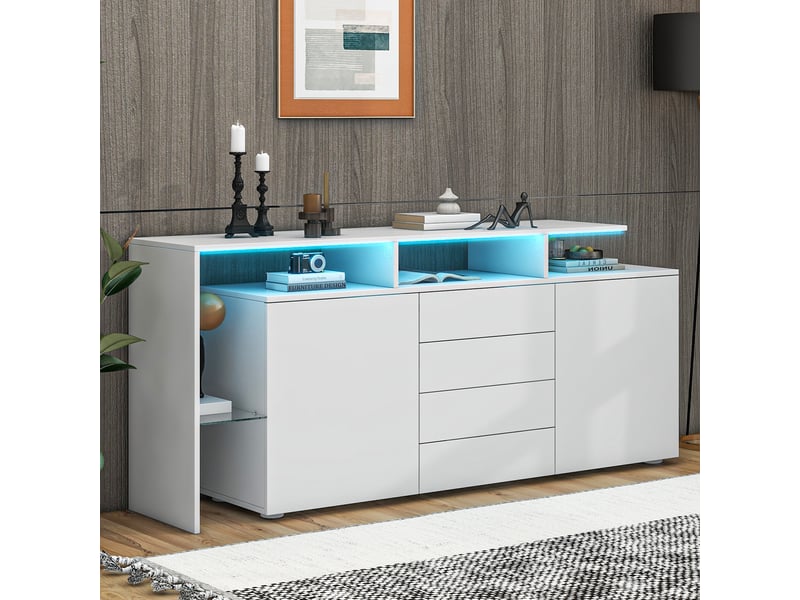  Buffet blanc laqué avec led meuble tv 160 cm moderne 4 tiroirs 2 portes  - Conforama B