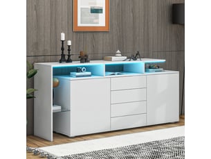 Buffet blanc laqué avec led meuble tv 160 cm moderne 4 tiroirs 2 portes