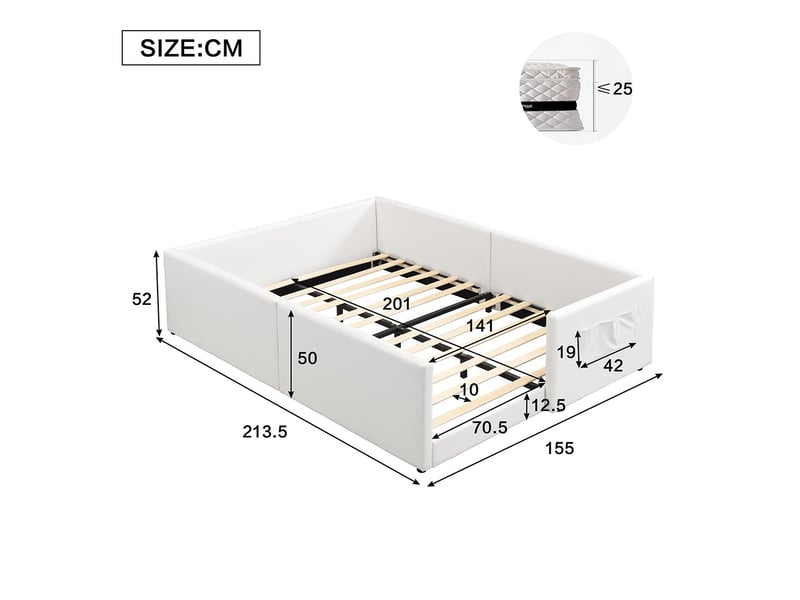 Lit enfant rembourré matériau pu 3 poches rangement pratiques design entouré moderne minimaliste pu contreplaqué blanc 140x200 cm  - Conforama C