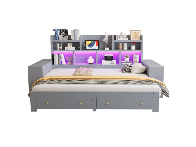  Lit banquette extensible 90x200180x200 cm avec rangements, tiroirs, led et prise gris  - Conforama A