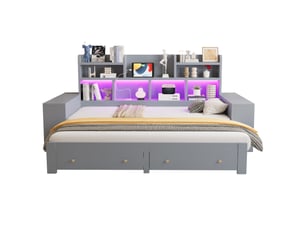 Lit banquette extensible 90x200180x200 cm avec rangements, tiroirs, led et prise gris