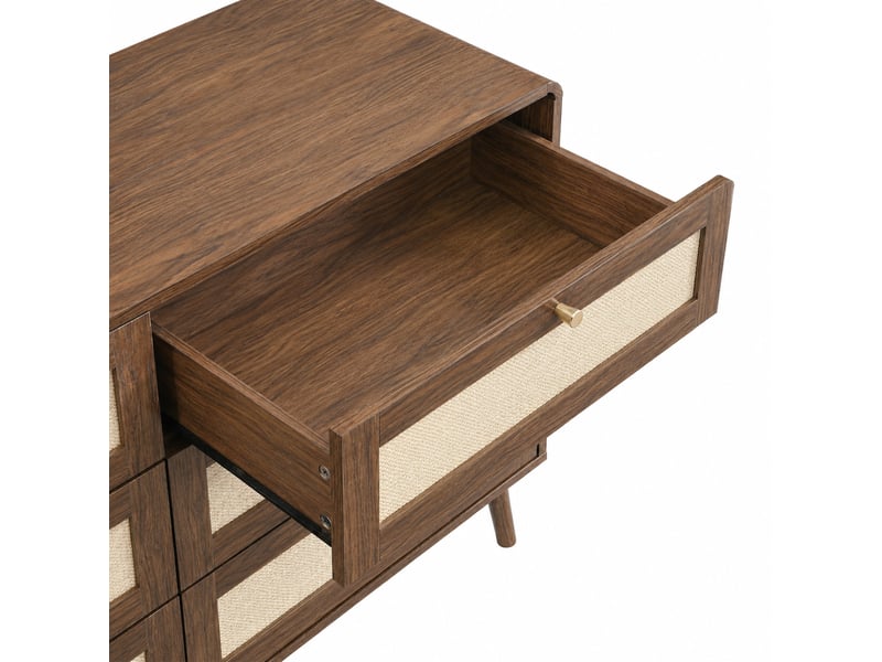  Commode chambre 6 tiroirs 120x40x80 cm, façades aspect rotin, angles arrondis, pieds 15 cm, mdf et pe, aspect noyer  - Conforama E