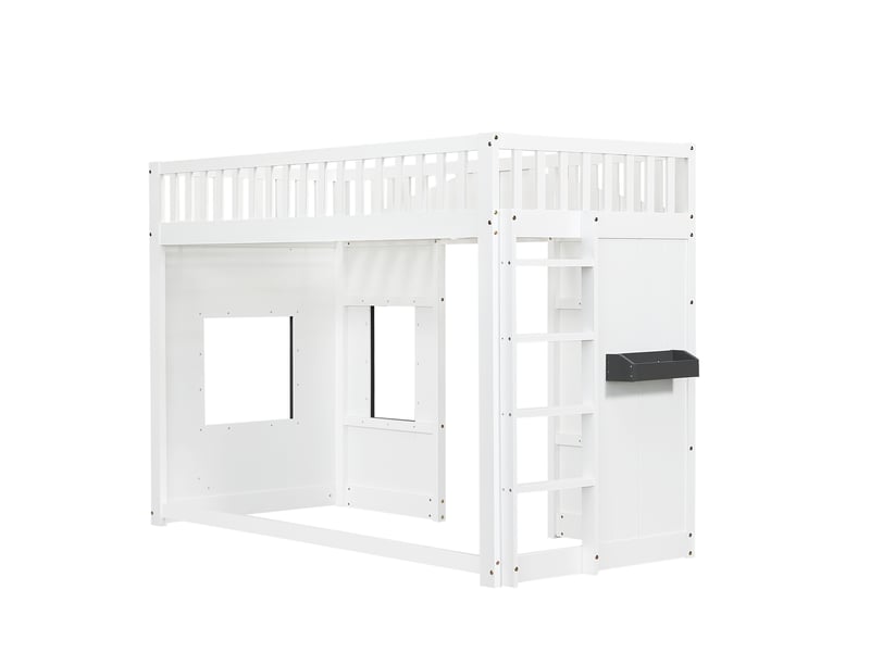  Lit superposé cabane avec escalier, barrière anti-chute et rambarde, lit enfant avec fenêtre, rangement sous le lit modulable, structure en pin, pin et mdf, blanc, 90 x 200 cm  - Conforama E