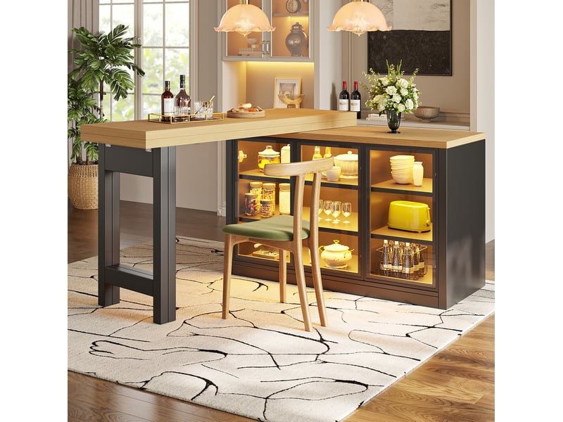  Table à manger extensible avec buffet pivotant à 360°, éclairage multicolore, noire  - Conforama D