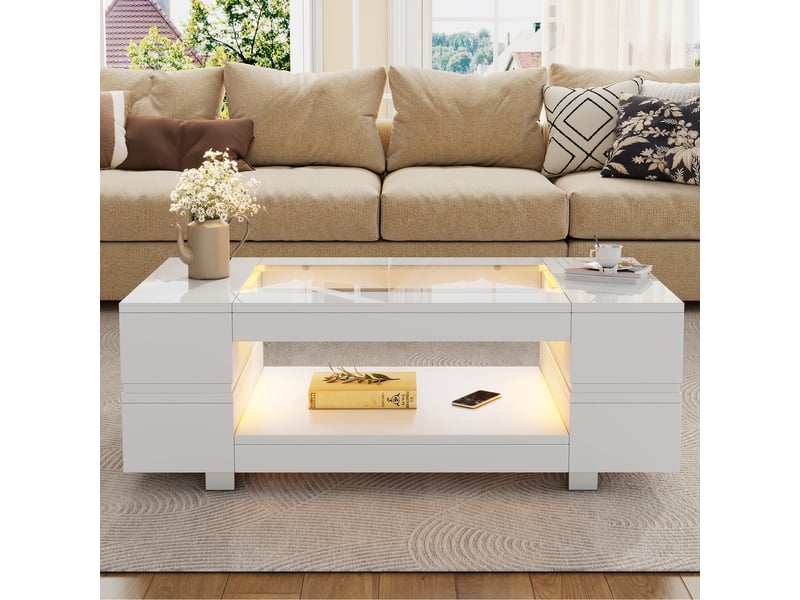  Table basse 100x50x35 cm avec led et plateau verre, blanc  - Conforama B