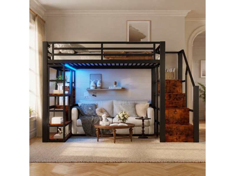  Lit mezzanine 140 x 200 cm avec rangements, échelle, led et garde-corps noir  - Conforama B