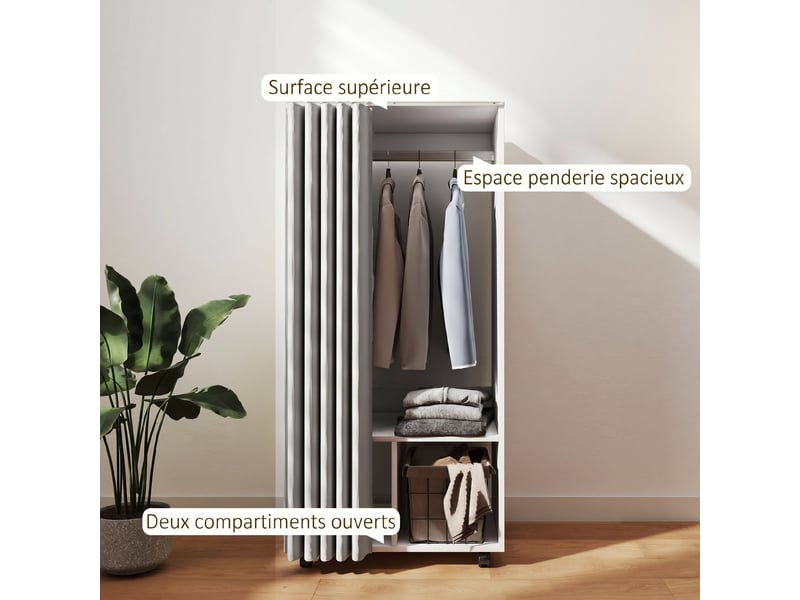  Armoire penderie armoire de rangement mobile avec rideau, tringle de suspension, 60 x 40 x 128 cm, blanc  - Conforama D