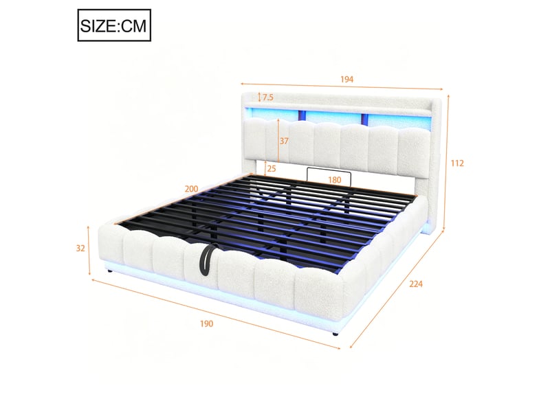  Lit coffre 180 × 200 cm, tissu bouclette, led, port usb, sommier métallique, grand rangement hydraulique, blanc  - Conforama C
