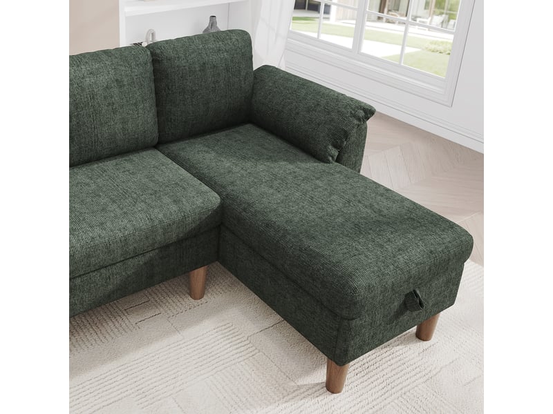Canapé d'angle réversible 3 places, tissu chenille vert avec méridienne coffre de rangement, ports usb et poches, pour salon et petit espace - Conforama E