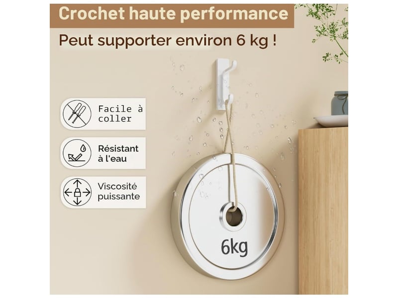 Crochet adhesif mural, porte serviette salle de bain, accroche torchon cuisine, porte manteau adhésif, etanche, antirouille, blanc, 4 pièces - Conforama C