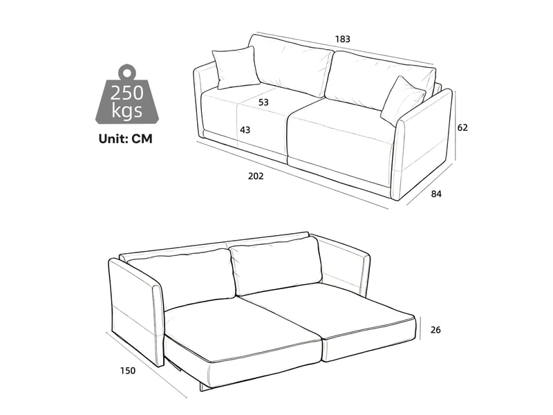  Canapé convertible 2 places avec couchage d'appoint et assise à ressorts, en velours côtelé noir, 182 × 88 × 84 cm  - Conforama C