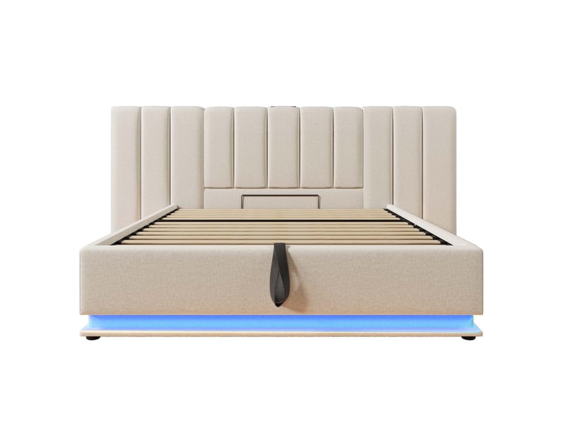  Lit coffre 180x200 cm beige lin avec led usb-c sommier matelas inclus  - Conforama A