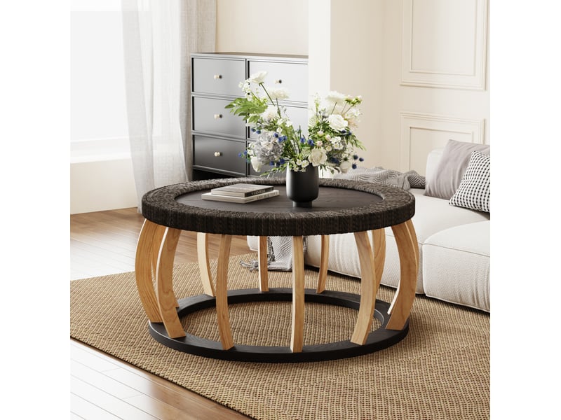  Table basse ulevr ronde vintage 90 cm en bois et mdf noir marron, détails en rotin et pieds courbés  - Conforama E