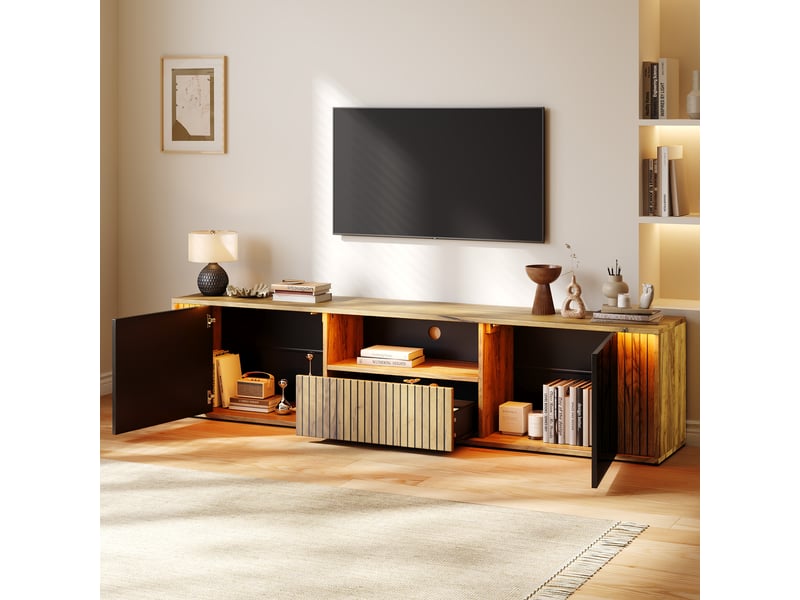  Meuble tv avec 2 portes, tiroir, niche led et fermeture douce pour salon 180×40×51 cm noir et bois naturel  - Conforama C