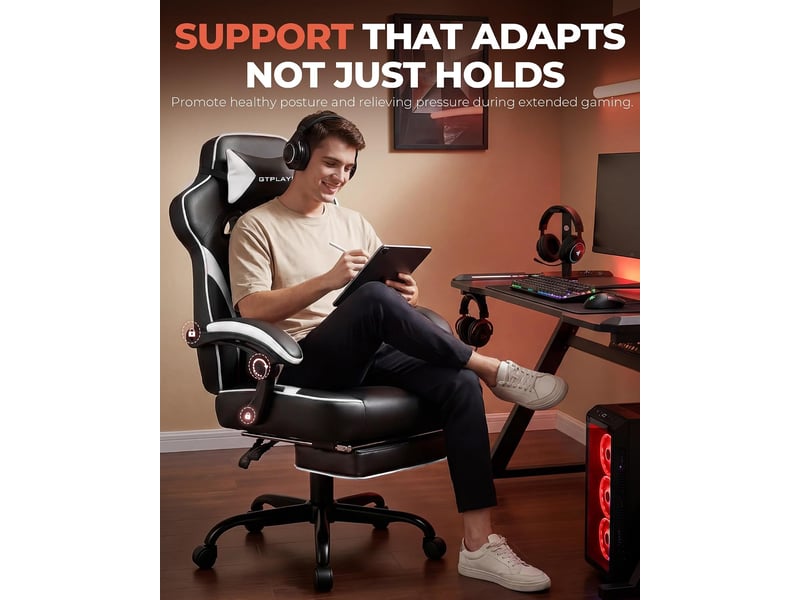  Gtplayer chaise de jeu avec repose-pieds, 180kg, soutien lombaire, appui-tête réglable, inclinable à 155° - blanc F59-WT-TJ - Conforama D