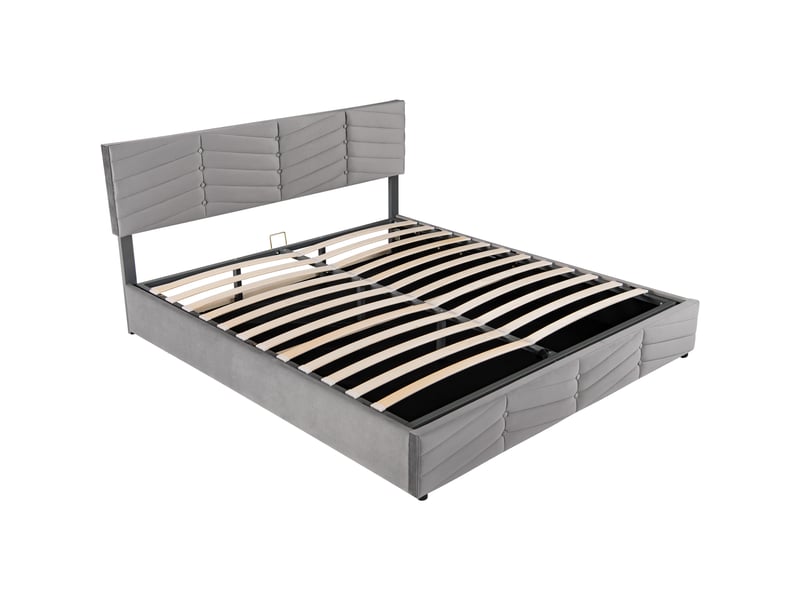  Lit coffre 160x200 velours gris, lit double avec rangement hydraulique, tête de lit réglable en hauteur, design capitonné élégant  - Conforama A