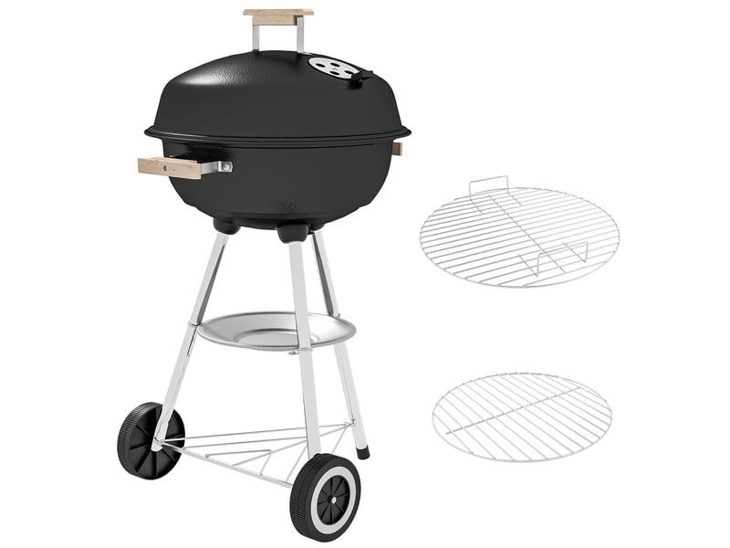  Barbecue au charbon avec grille en acier, couvercle, bouches d'aération et roues – noir  - Conforama A
