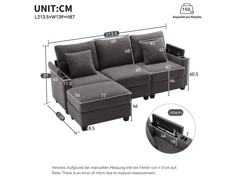  Canapé d'angle en l 213,5x139x87 cm avec rangement, port usb et coussins, velours côtelé gris foncé  - Conforama C