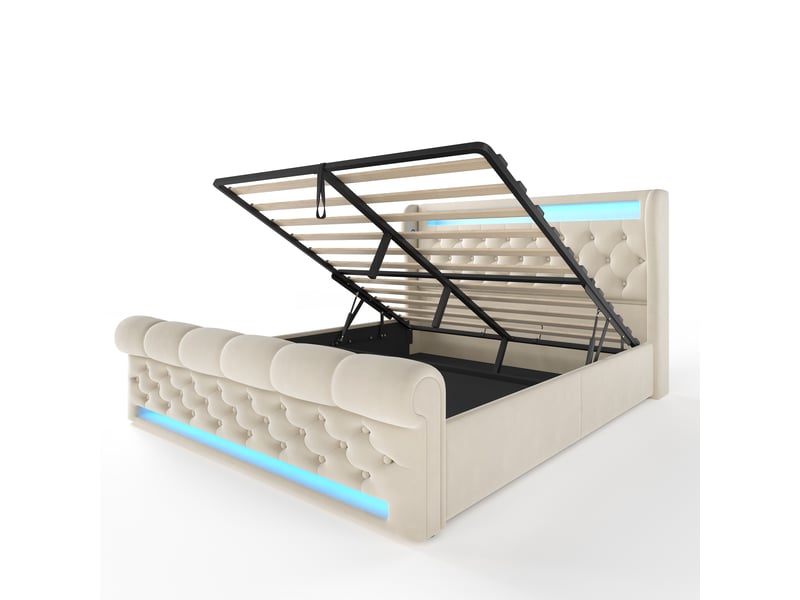  Lit coffre,160x200 cm,avec led et ports usb-c,velours,beige  - Conforama D